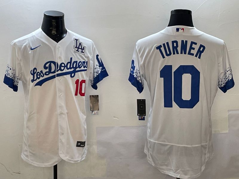 Men Los Angeles Dodgers 10 Turner White City Edition Elite Nike 2025 MLB Jersey style 1